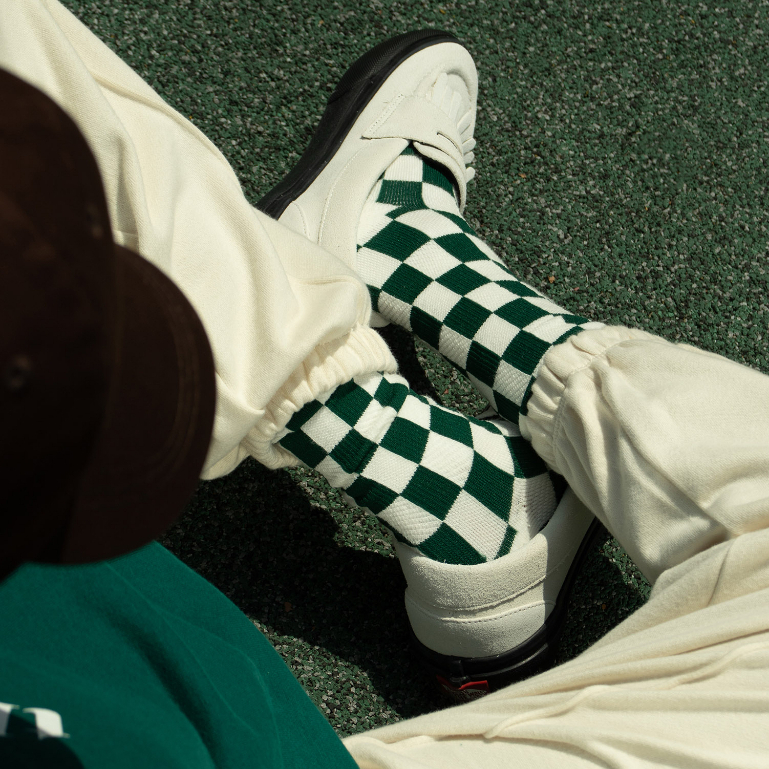 Checkered Crew Socks 暮綠 - 棋盤格針織高筒襪
