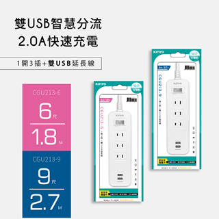 含稅全新原廠保固一年KINYO台灣製造1開3插2孔加2USB安全延長線插座插座(CGU213-6-9)