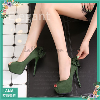 零碼特價❤️韓版蝴蝶結跟鞋｜LANA 現貨黑色綠色絨面跟高14cm/12cm圓頭恨天高細跟防水台絨面性感魅力顯瘦女高跟鞋