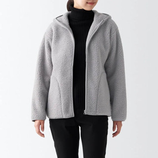 MUJI 無印良品【全新、灰銀L】女👩再生聚酯纖毛絨絨連帽外套
