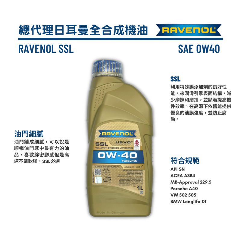 【德國原裝】 (請私訊報價) 日耳曼SSL 總代理公司貨 Ravenol SSL 0w40漢諾威 全合成機油 1L