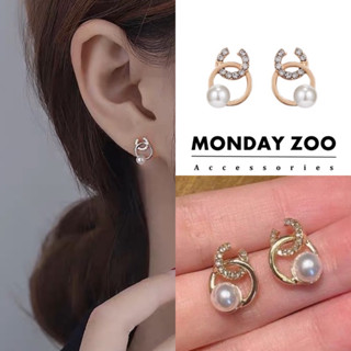 ★MONDAY ZOO★免運925純銀 字母C微鑲鑽珍珠耳環 韓式耳環 鋯石耳環