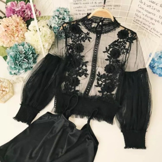 日韓款 宮廷風立體蕾絲緹花燈籠泡泡袖透視上衣 女神套裝 蕾絲套裝
