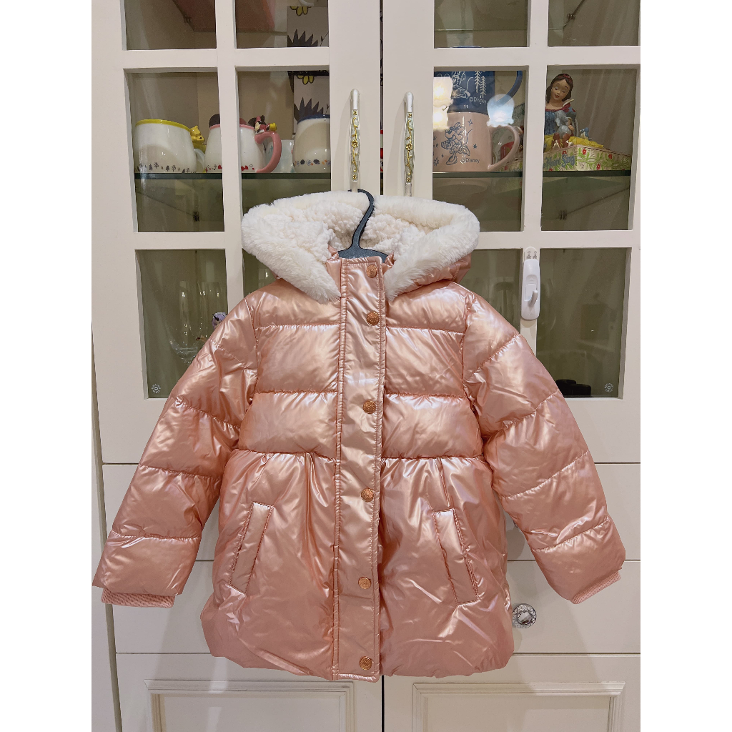 Mothercare 可愛亮面藕粉微防水全刷毛保暖長袖連帽外套(2-3Y/100CM) 近全新!