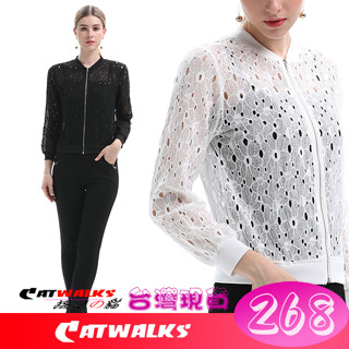 臺灣現貨 Catwalk's- 韓版勾花蕾絲鏤空感長袖小外套 ( 白色、黑色 ) M-XXL