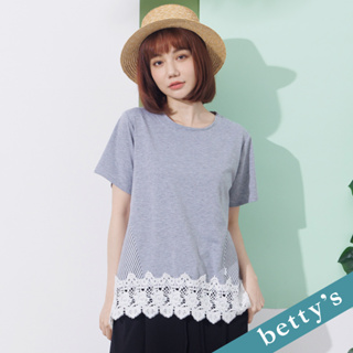 betty’s貝蒂思(21)條紋拼接蕾絲短袖上衣(淺灰色)