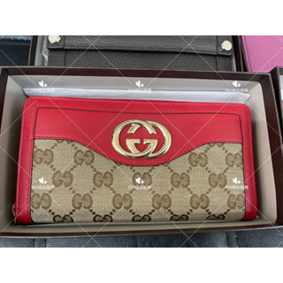 Gucci 經典帆布拼紅色皮革 拉鍊長夾 現貨 正品