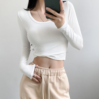 胖胖美依 長袖上衣 長袖T恤 短款 短版上衣S-XL 內搭上衣實拍純欲低領修身長袖t卹女春秋短款打底衫T149.794