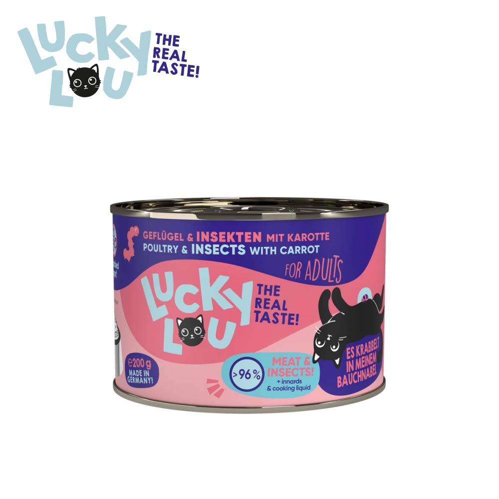 幸運喵 Lucky Lou 全齡貓 主食罐 禽肉 昆蟲 紅蘿蔔 德國製造 高含肉量 肉罐頭 滿額加贈透明系貓草碗