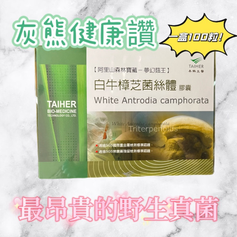 🥇快速出貨🍀【灰熊健康讚】🍀白牛樟芝菌絲體膠囊《泰鶴生醫》TAIHER 100粒膠囊 阿里山 寶藏 夢幻菇王 萃取 稀有