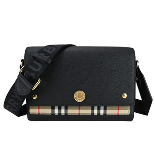 BURBERRY Horseferry小牛皮格紋帆布飾邊斜背包(黑色)｜100%原廠真品｜JS Maxx官方旗艦館