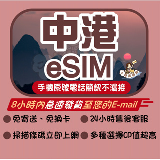 中港esim 網卡 中國網卡 香港網卡 港澳網卡eSIM 中港網卡 sim卡 網路卡 大陸上網卡 中港大陸 港澳網卡