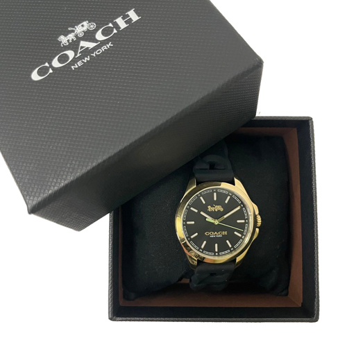 【COACH】經典LOGO素面編織果凍錶帶女用手錶(黑)