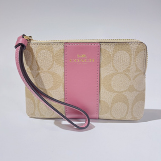 經典款 COACH 卡其櫻花粉紅色PVC材質單層手拿包 #58035