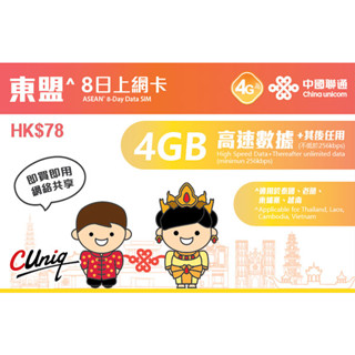 聯通 東盟 8日 4GB 4G 網路卡 sim卡 上網絡卡 泰國 柬埔寨 越南 寮國 網絡卡