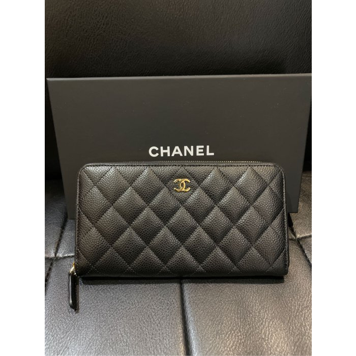 *漢森精品服飾* Chanel 金雙C logo 菱格紋粒紋牛皮拉鍊長夾AP0242-黑 現貨 全配