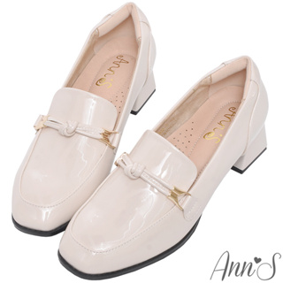 Ann’S學院young-軟漆皮質感單節方頭粗跟樂福鞋4cm - 米(版型偏小)