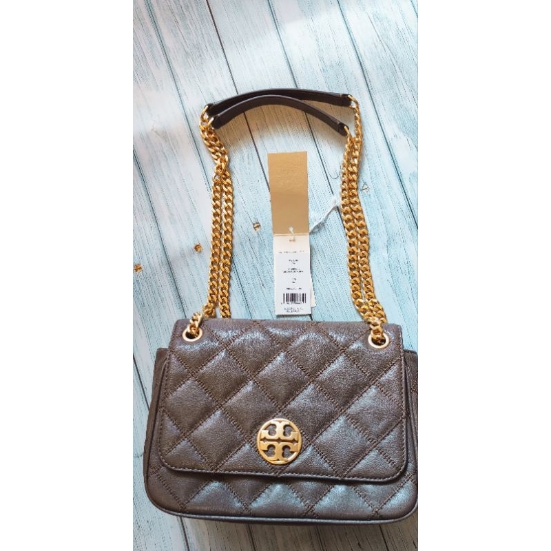 真品TORY BURCH Willa TB 金色LOGO菱格翻蓋肩背/斜背二用包-可可色/中