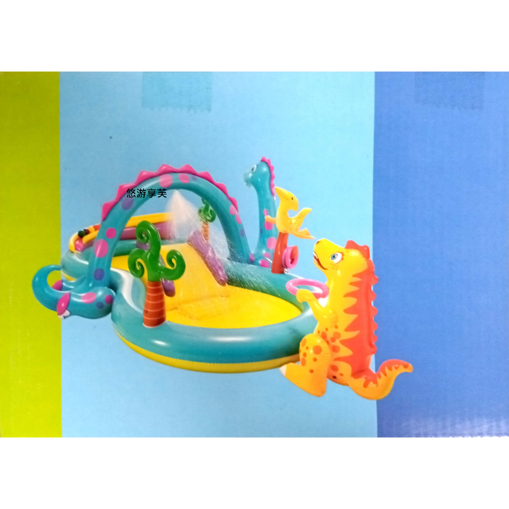 悠游享芙✨INTEX恐龍溜滑梯充氣兒童戲水池/花朵彩虹溜滑梯充氣戲水池/幼兒夏天玩水池/嬰兒遊戲