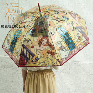 叉叉日貨 迪士尼 公主 美女與野獸 貝兒 彩繪玻璃 透明 直傘 雨傘 日本正版【Di14193】