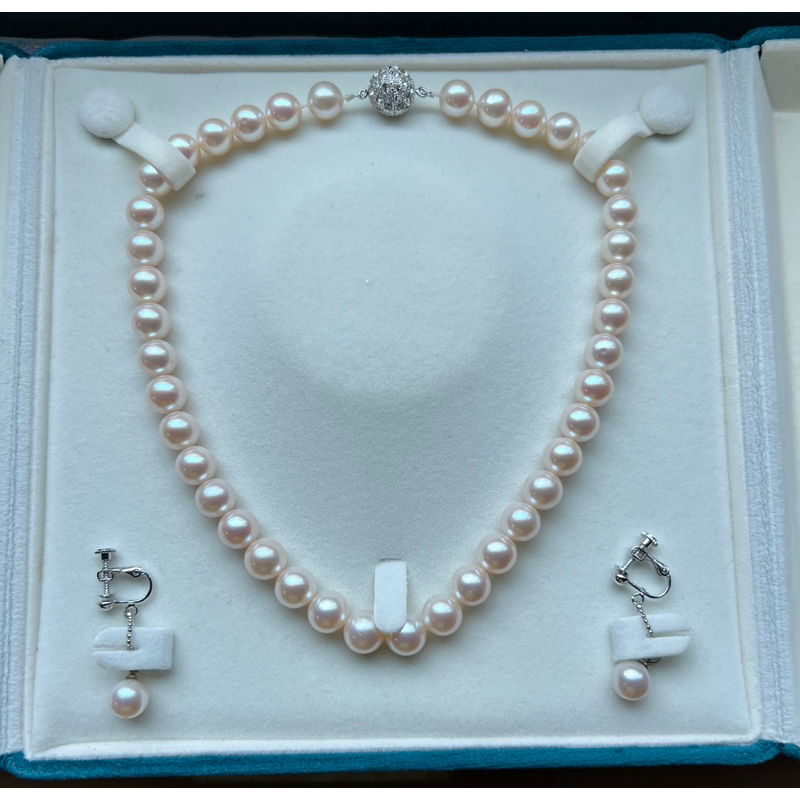 天然珍珠項鍊+耳環 珍珠大小9.2mm-9.7mm