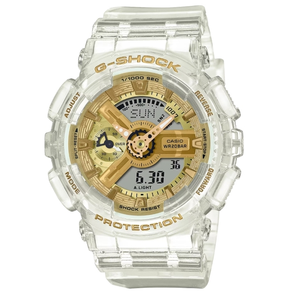 CASIO卡西歐 G-SHOCK 半透明 閃耀金色光芒時尚雙顯錶 GMA-S110SG-7A 世界時間