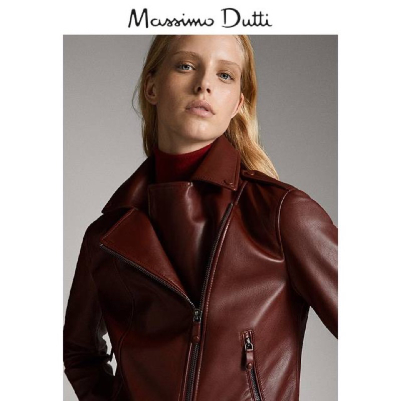Massimo Dutti  全新s現貨棗紅色經典翻領皮衣短款原價一萬三
