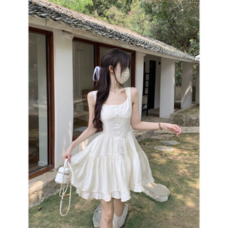 【033】S-XL 韓版 甜美風素色連衣裙 吊帶洋裝 修身顯瘦無袖連衣裙 小個子洋裝 溫柔風素色吊帶短裙 白色洋裝