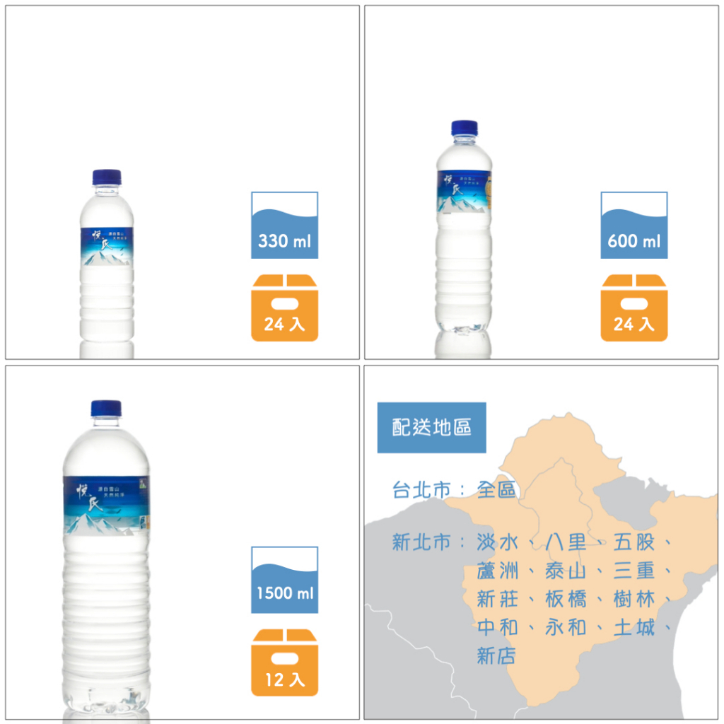 【只送台北新北，5箱出貨10箱免運】悅氏礦泉水 迷你330ml*24入 小水600ml*24入 大水1500ml*12入