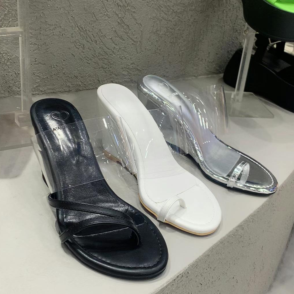 0513  韓國代購 正韓 性感透明帶不對稱套指楔型好穿高跟拖鞋涼鞋