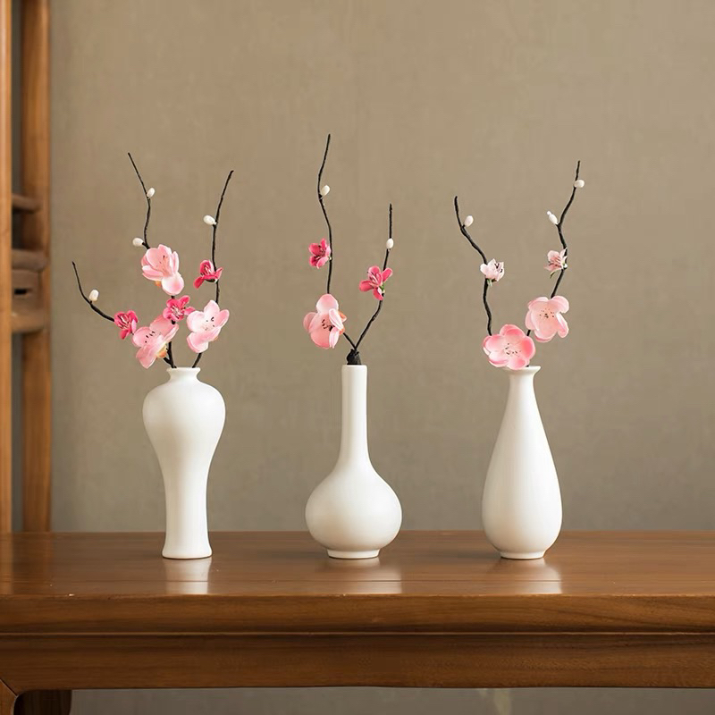 中國風小花瓶擺件陶瓷裝飾品禪意乾花客廳新中式插花細口花器白色 天球瓶