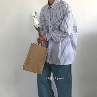 日系風男 長袖條紋襯衫 休閒寬鬆上衣 日式襯衫 條文口袋常襯衫