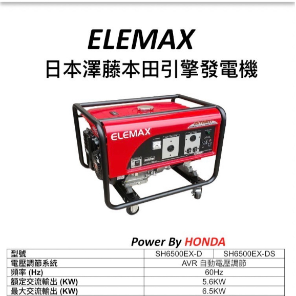 附發票 ELEMAX發電機-日本原裝發電機本田台灣經銷  澤藤發電機 四行程發電機SH6500EX雙電壓 電啟動