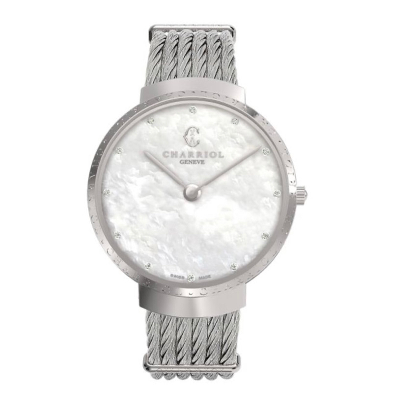CHARRIOL夏利豪(ST34CS560013) Slim系列銀色鑽石經典鋼索腕錶/珍珠母貝面34mm