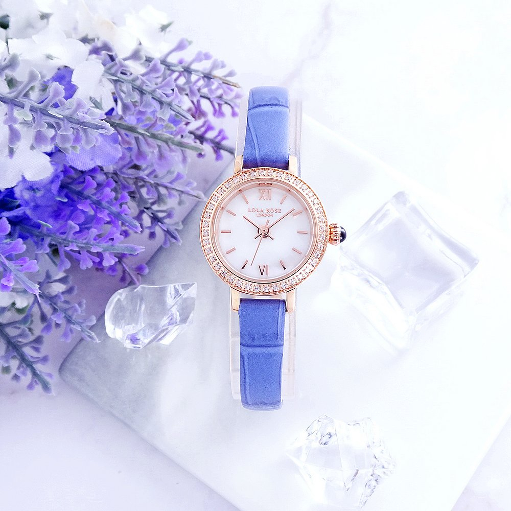 LOLA ROSE 英式LONDON的美感時尚優質皮革腕錶-晶鑽白貝+土耳其藍-LR2204