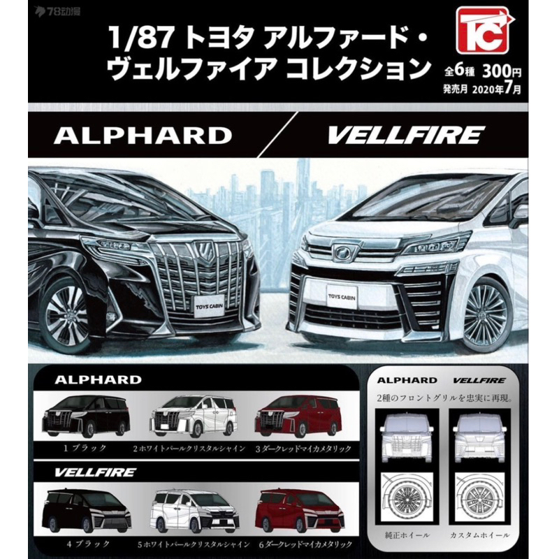 全新現貨日本高人氣商品Toys cabin1/87豐田Alphard vellfire汽車扭蛋6款