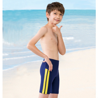 梅林泳裝 男童藍色黃色塊配條印字馬褲(四角加長泳褲) NO-M1232