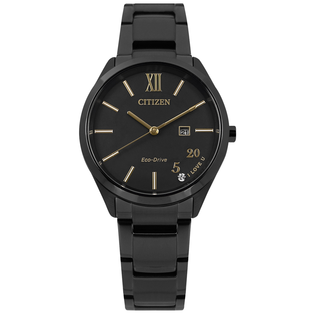 CITIZEN / 520 我愛你 城市浪漫 光動能 日期 不鏽鋼手錶 鍍黑 / EW2457-85E / 34mm