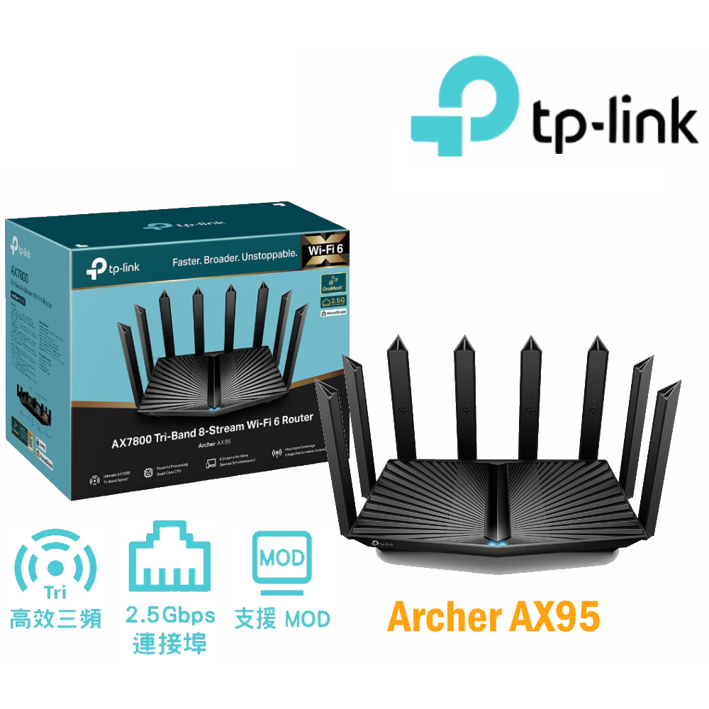 TP-Link Archer AX95  AX7800三頻8串流Wi-Fi 6路由器 支援VPN