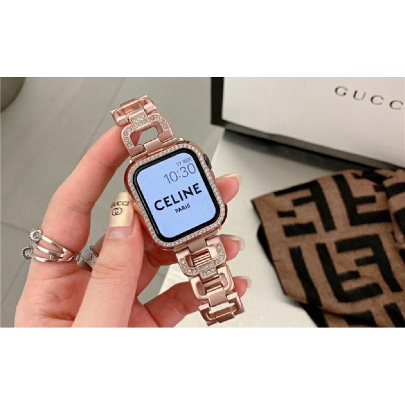 Apple watch錶帶 D字小香風鑲鑽 女生金屬錶帶 44mm