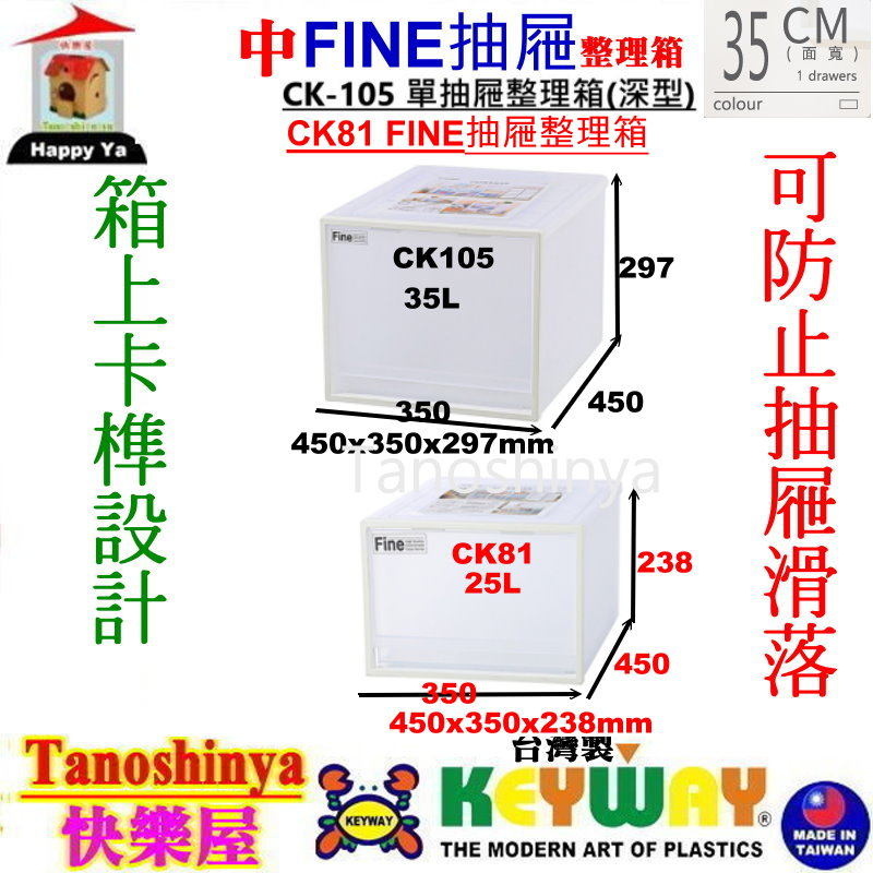 全台滿千免運不含偏遠地區 快樂屋 KEYWAY 聯府 FINE中抽屜整理箱 CK105 CK81寬型整理箱 CK-105