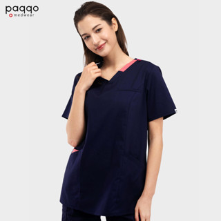 paqqo 女刷手服｜進階款配色V領上衣-RA系列(夜空藍) 醫院工作服 醫護制服 手術服 醫美診所 護理師