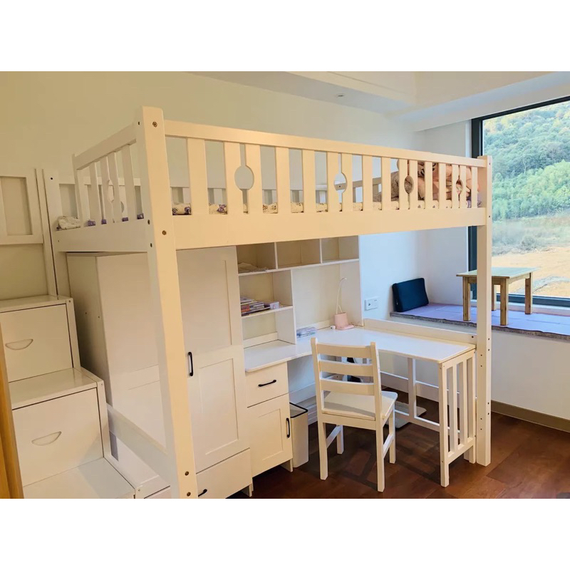 訂製松木單人加大 純白色高架床 梯櫃 書桌 衣櫃