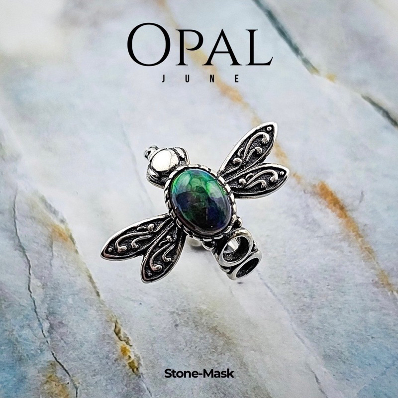 石鬼面🔅天然 超閃 黑歐泊 彩光 歐泊石 水晶 蛋型 復古 蜻蜓 純銀戒 Opal-106