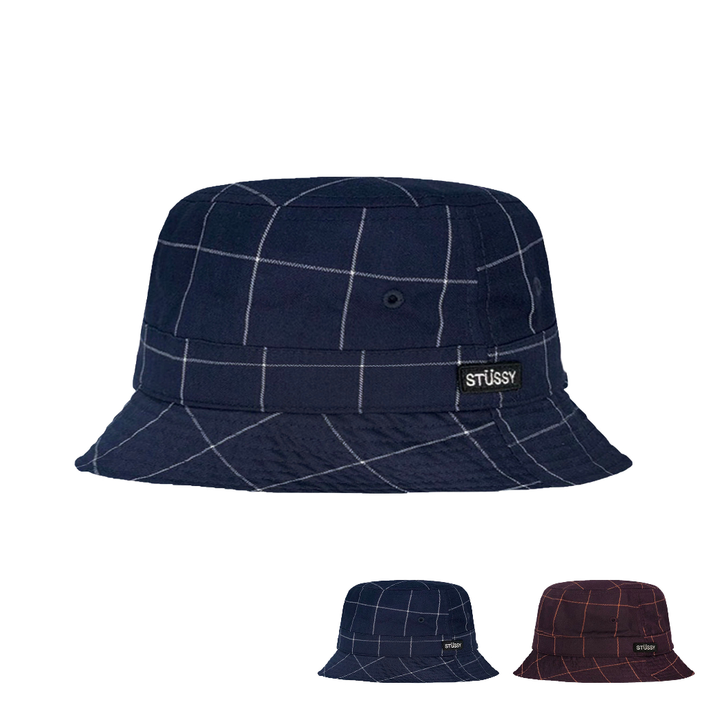 STUSSY 漁夫帽 WINDOW PANE BUCKET HAT 深藍/勃根地紅 格紋漁夫帽 平頂漁夫帽【TCC】