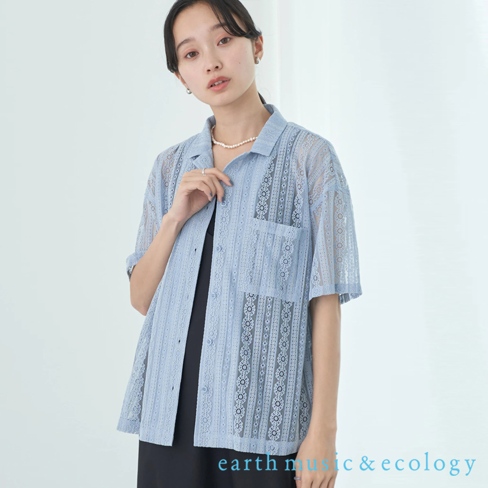 earth music&ecology 透膚花朵蕾絲短袖襯衫上衣(1L36L1A0100)