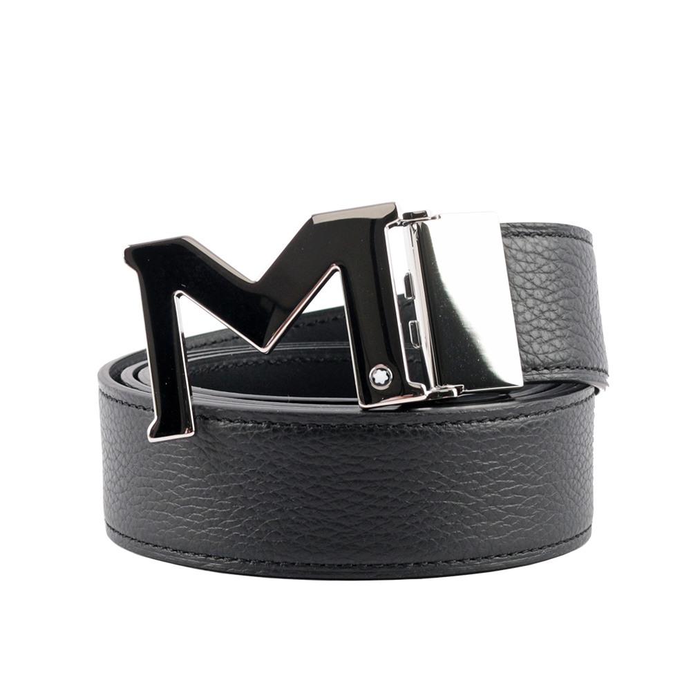 MONTBLANC 萬寶龍 銀色M Logo 搭扣3.5cm牛皮雙面可用皮帶(黑色) 127697