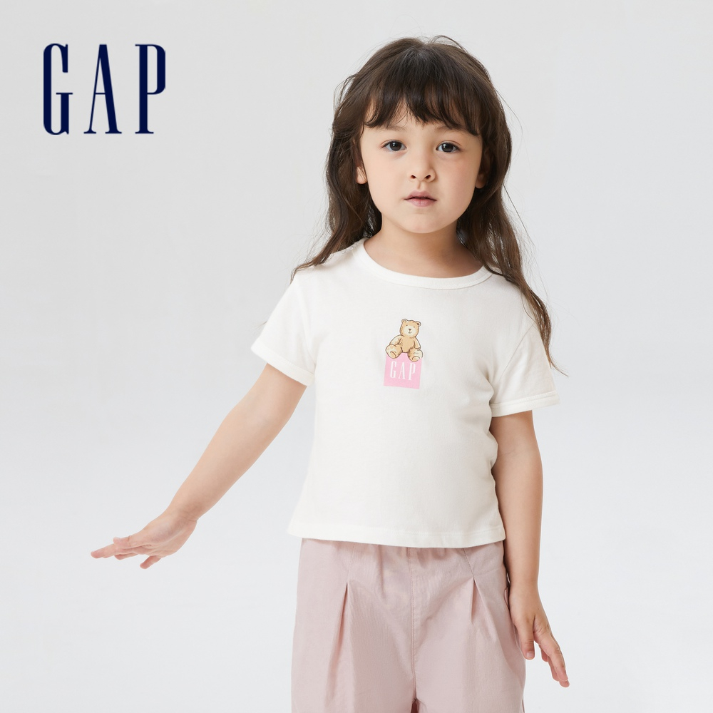 Gap 女幼童裝 Logo純棉小熊印花短袖T恤-白色(712891)