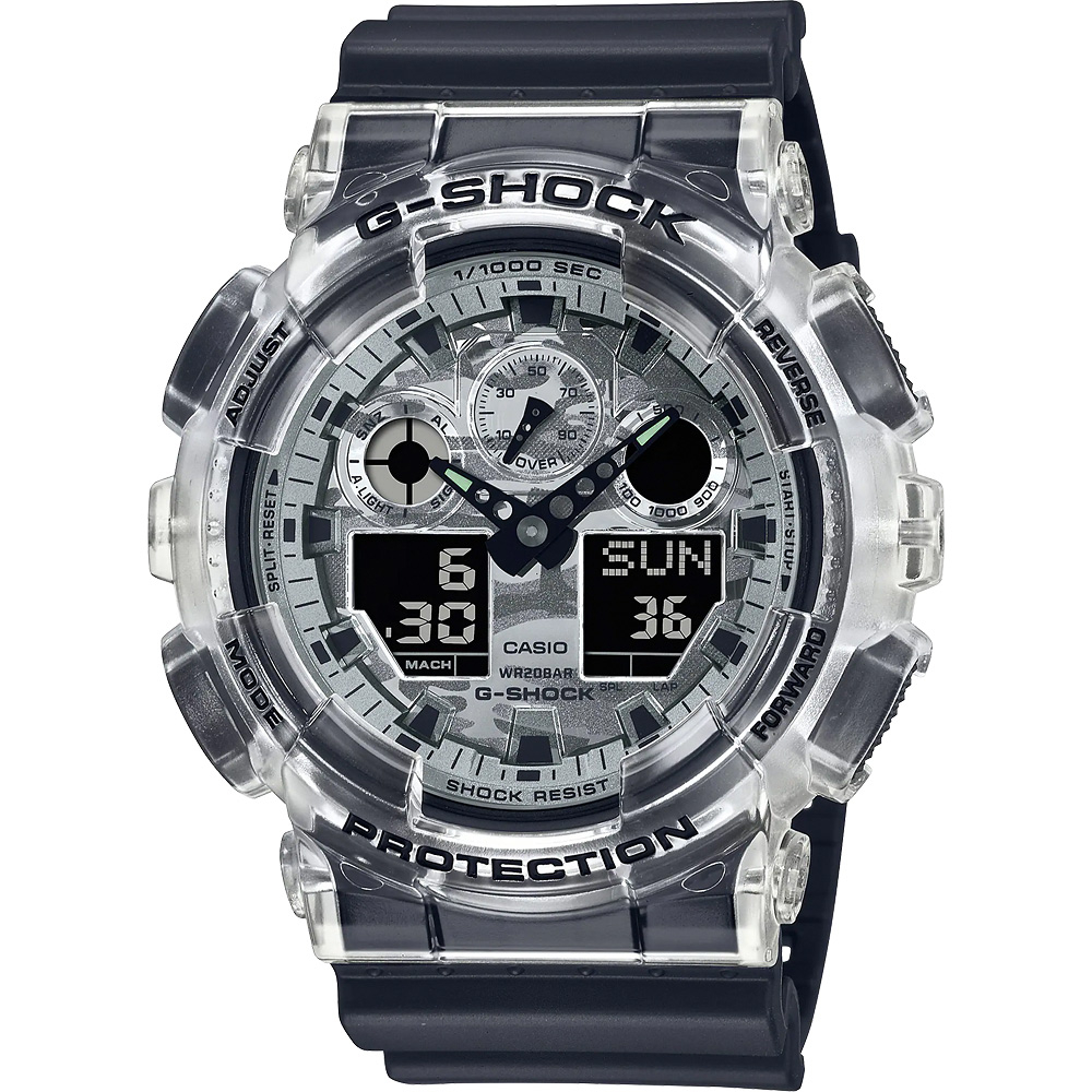 【CASIO】卡西歐 G-SHOCK 透明迷彩 雙顯手錶 GA-100SKC-1A 台灣卡西歐保固一年