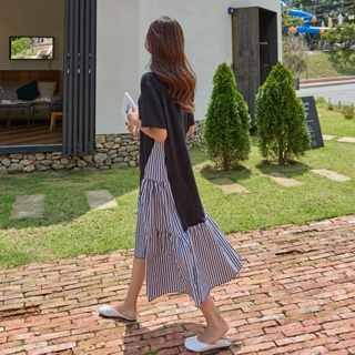 【白鳥麗子】韓國製 簡約假兩件條紋拼接短袖長版洋裝